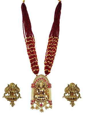 Women gold-plated & green multi-strand lakshmi temple jewellery set 2