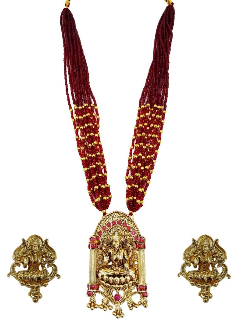 Women gold-plated & green multi-strand lakshmi temple jewellery set