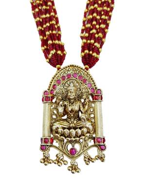 Women gold-plated & green multi-strand lakshmi temple jewellery set 3