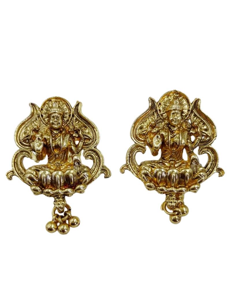 Women gold-plated & green multi-strand lakshmi temple jewellery set