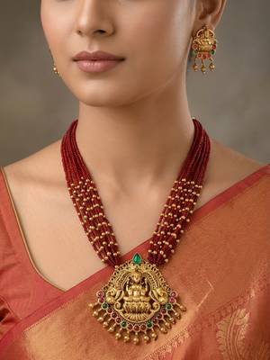 Women gold-plated & ruby multi-strand lakshmi temple jewellery set 1
