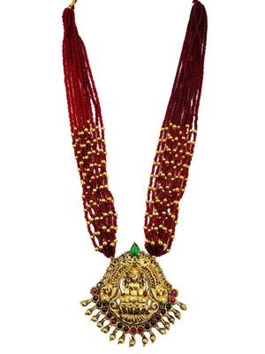 Women gold-plated & ruby multi-strand lakshmi temple jewellery set 2