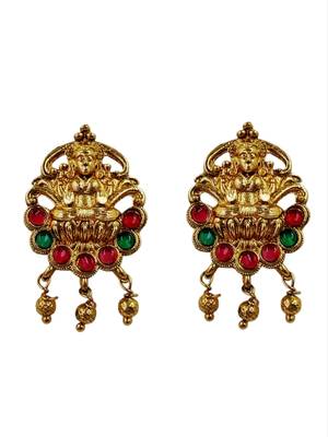 Women gold-plated & ruby multi-strand lakshmi temple jewellery set 3