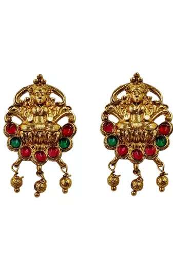 Women gold-plated & ruby multi-strand lakshmi temple jewellery set
