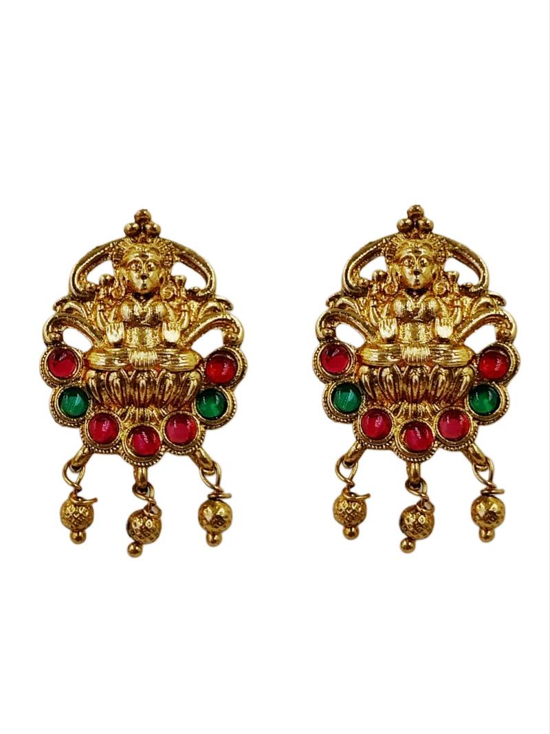 Women gold-plated & ruby multi-strand lakshmi temple jewellery set
