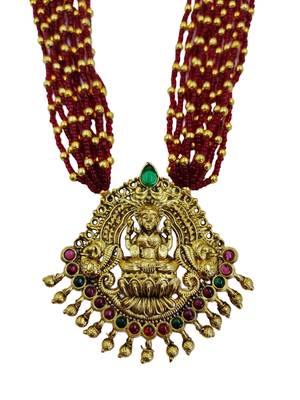 Women gold-plated & ruby multi-strand lakshmi temple jewellery set 4