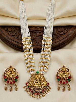 Women gold-plated & white multi-strand lakshmi temple jewellery set 1