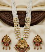 Women gold-plated & white multi-strand lakshmi temple jewellery set
