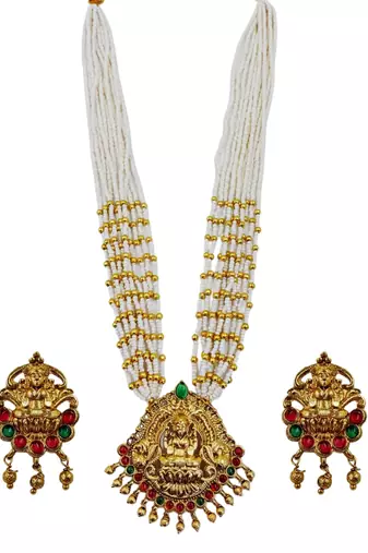 Women gold-plated & white multi-strand lakshmi temple jewellery set