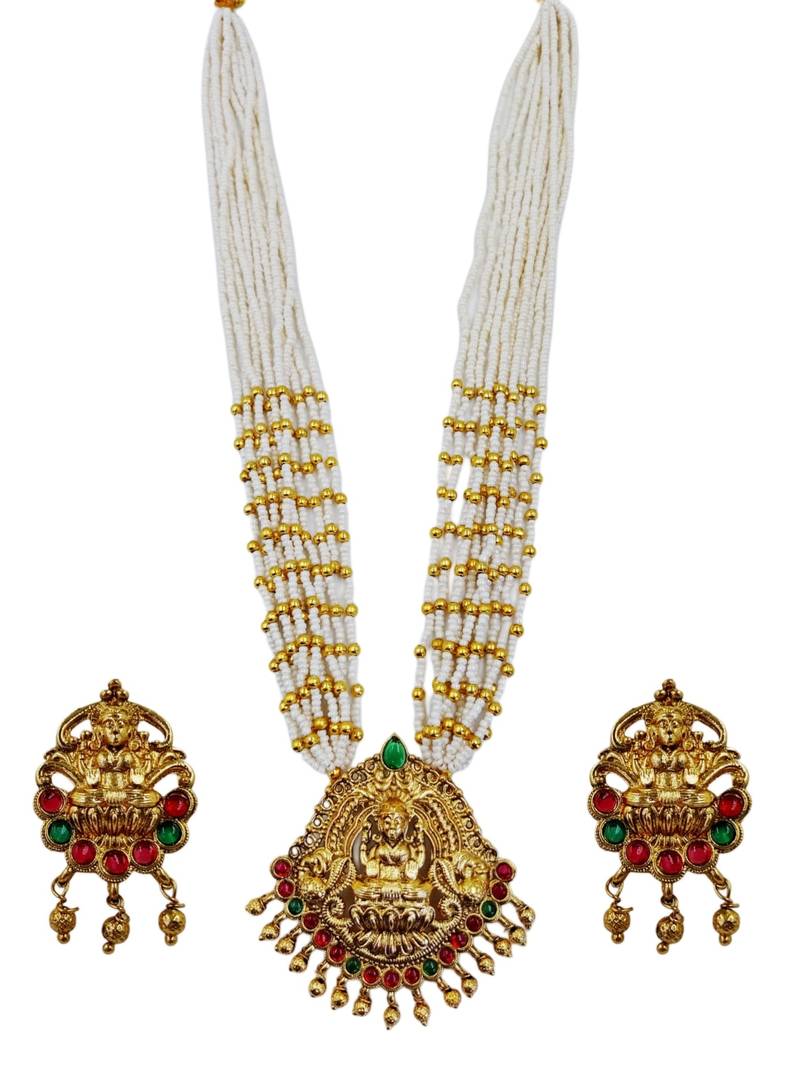 Women gold-plated & white multi-strand lakshmi temple jewellery set