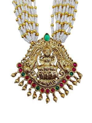 Women gold-plated & white multi-strand lakshmi temple jewellery set 3