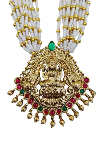 Women gold-plated & white multi-strand lakshmi temple jewellery set