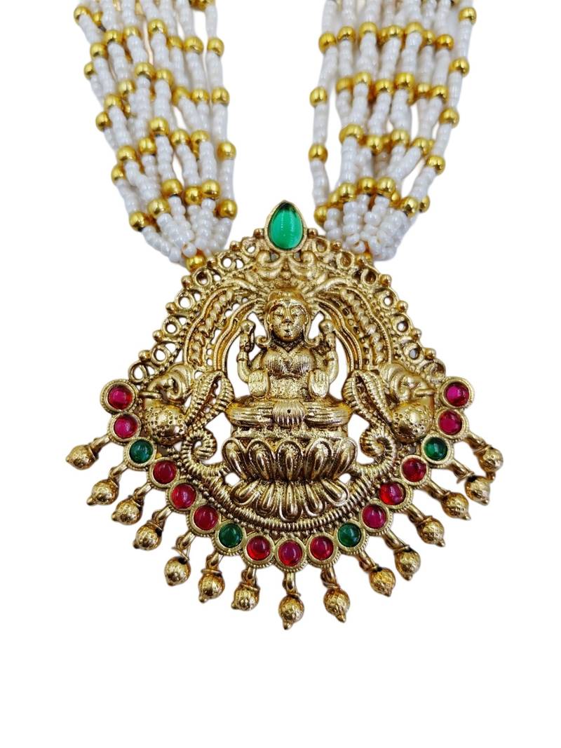 Women gold-plated & white multi-strand lakshmi temple jewellery set