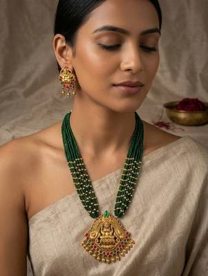 Women gold-plated & green multi-strand lakshmi temple jewellery set 1
