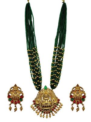 Women gold-plated & green multi-strand lakshmi temple jewellery set 2