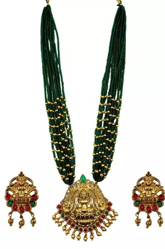 Women gold-plated & green multi-strand lakshmi temple jewellery set