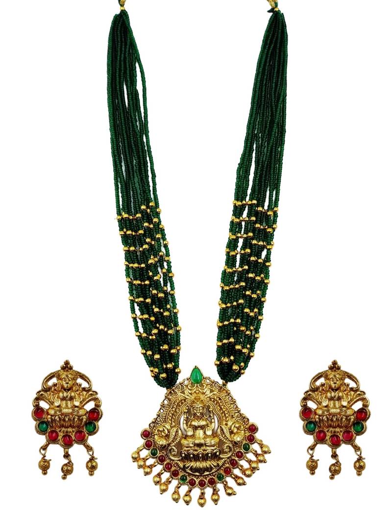 Women gold-plated & green multi-strand lakshmi temple jewellery set