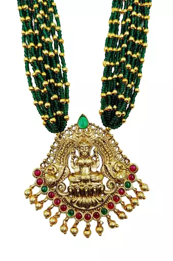 Women gold-plated & green multi-strand lakshmi temple jewellery set