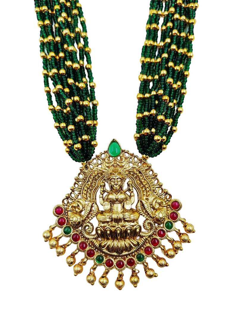 Women gold-plated & green multi-strand lakshmi temple jewellery set