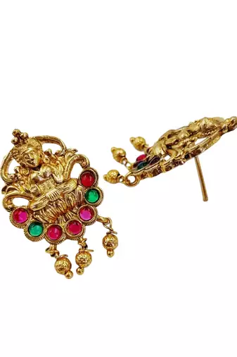 Women gold-plated & green multi-strand lakshmi temple jewellery set
