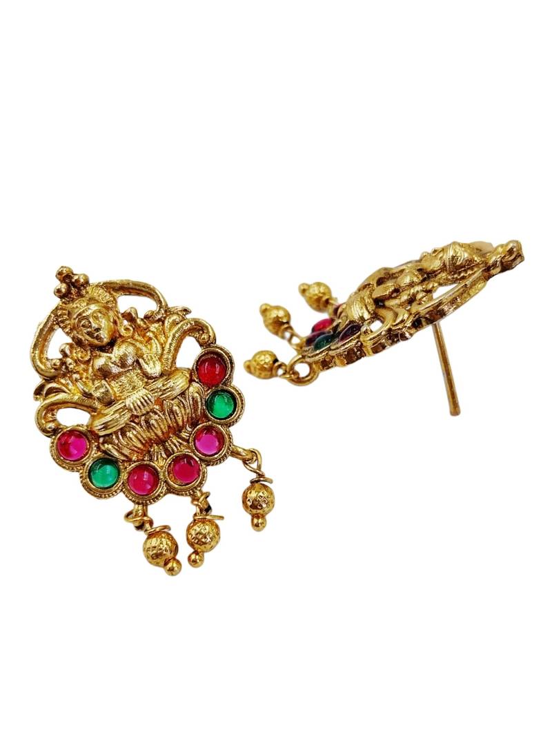 Women gold-plated & green multi-strand lakshmi temple jewellery set