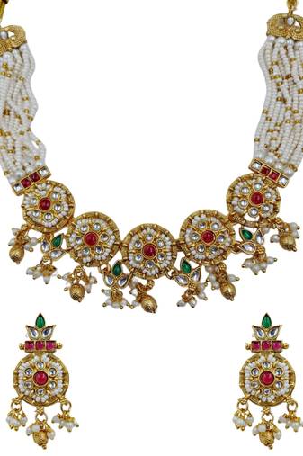 Women gold-plated kundan & multi-strand pearl jewellery set