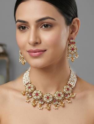 Women gold-plated kundan & multi-strand pearl jewellery set 1