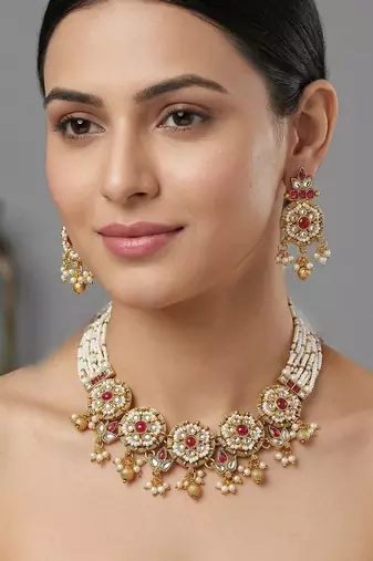 Women gold-plated kundan & multi-strand pearl jewellery set