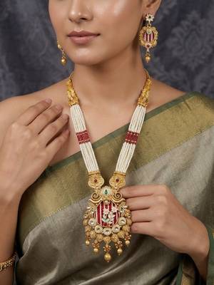 Women gold-plated white pearl & red kundan studded traditional long jewellery set 1