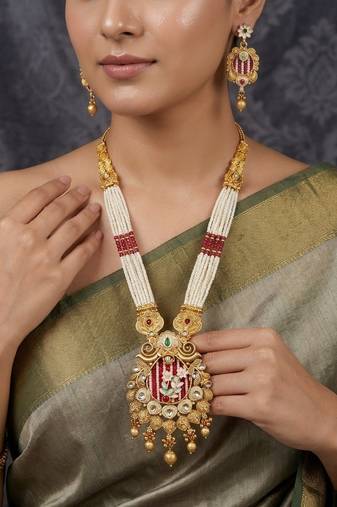 Women gold-plated white pearl & red kundan studded traditional long jewellery set