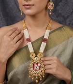 Women gold-plated white pearl & red kundan studded traditional long jewellery set