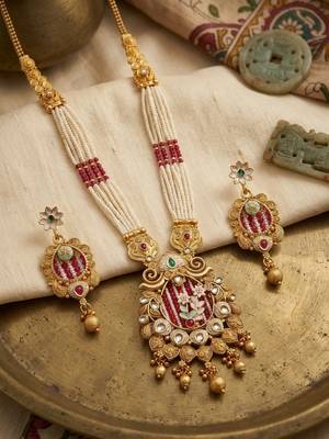 Women gold-plated white pearl & red kundan studded traditional long jewellery set 2