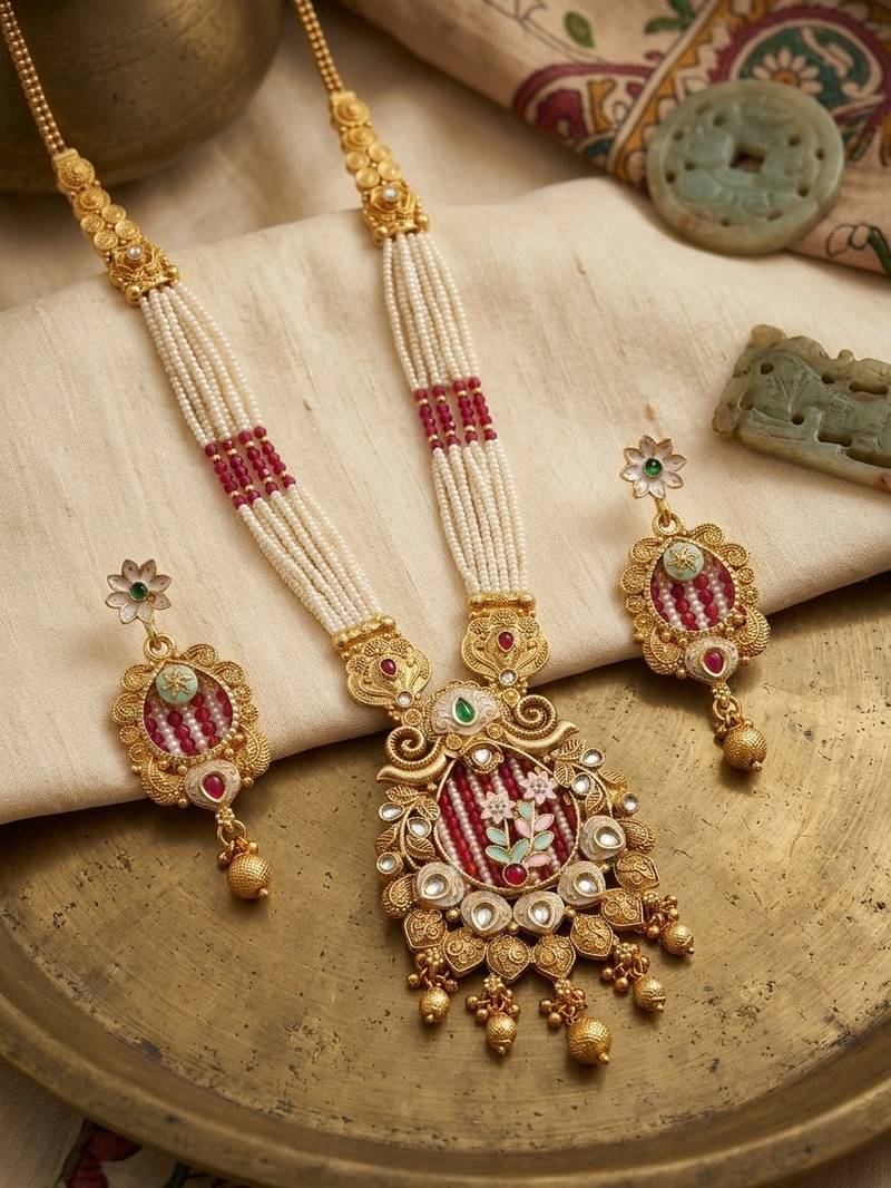 Women gold-plated white pearl & red kundan studded traditional long jewellery set