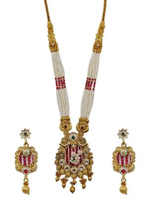 Women gold-plated white pearl & red kundan studded traditional long jewellery set 3
