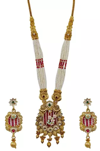 Women gold-plated white pearl & red kundan studded traditional long jewellery set