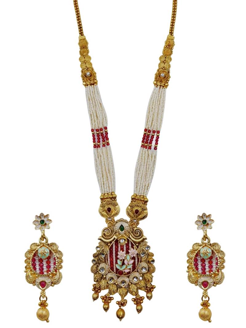 Women gold-plated white pearl & red kundan studded traditional long jewellery set