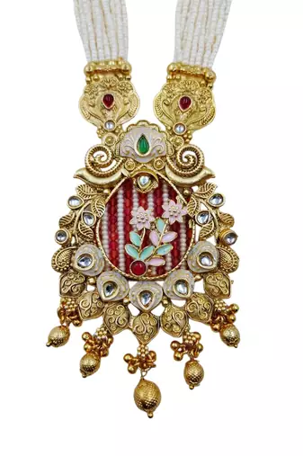 Women gold-plated white pearl & red kundan studded traditional long jewellery set