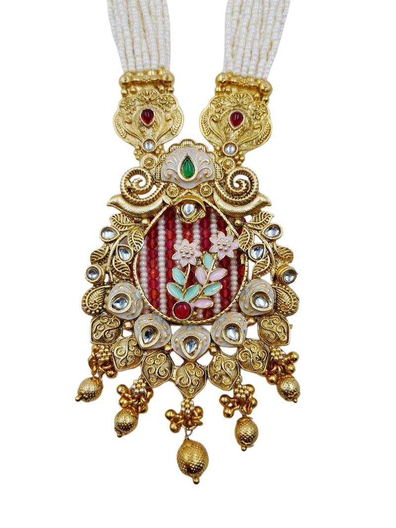 Women gold-plated white pearl & red kundan studded traditional long jewellery set