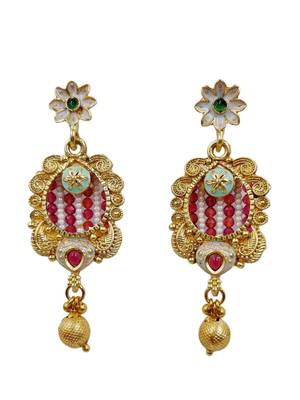 Women gold-plated white pearl & red kundan studded traditional long jewellery set 5