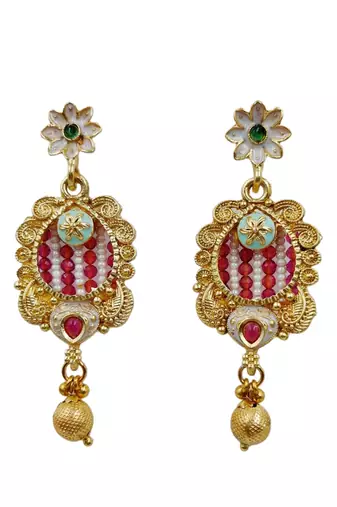 Women gold-plated white pearl & red kundan studded traditional long jewellery set
