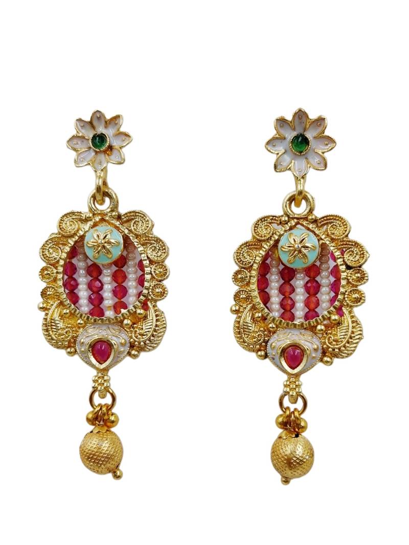 Women gold-plated white pearl & red kundan studded traditional long jewellery set
