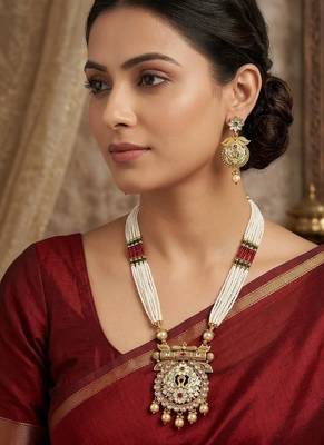 Ethnic gold-plated kundan & pearls meenakari long necklace set with earrings for women 1