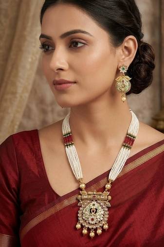 Ethnic gold-plated kundan & pearls meenakari long necklace set with earrings for women