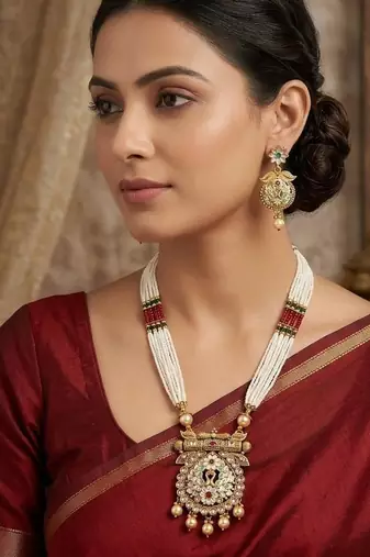 Ethnic gold-plated kundan & pearls meenakari long necklace set with earrings for women