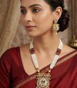 Ethnic gold-plated kundan & pearls meenakari long necklace set with earrings for women