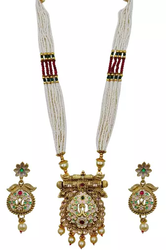 Ethnic gold-plated kundan & pearls meenakari long necklace set with earrings for women