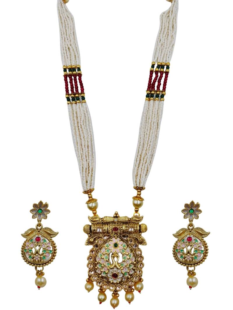 Ethnic gold-plated kundan & pearls meenakari long necklace set with earrings for women