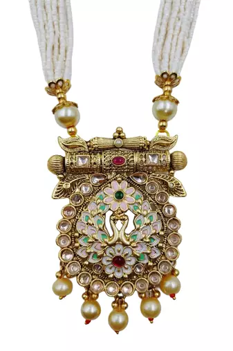 Ethnic gold-plated kundan & pearls meenakari long necklace set with earrings for women