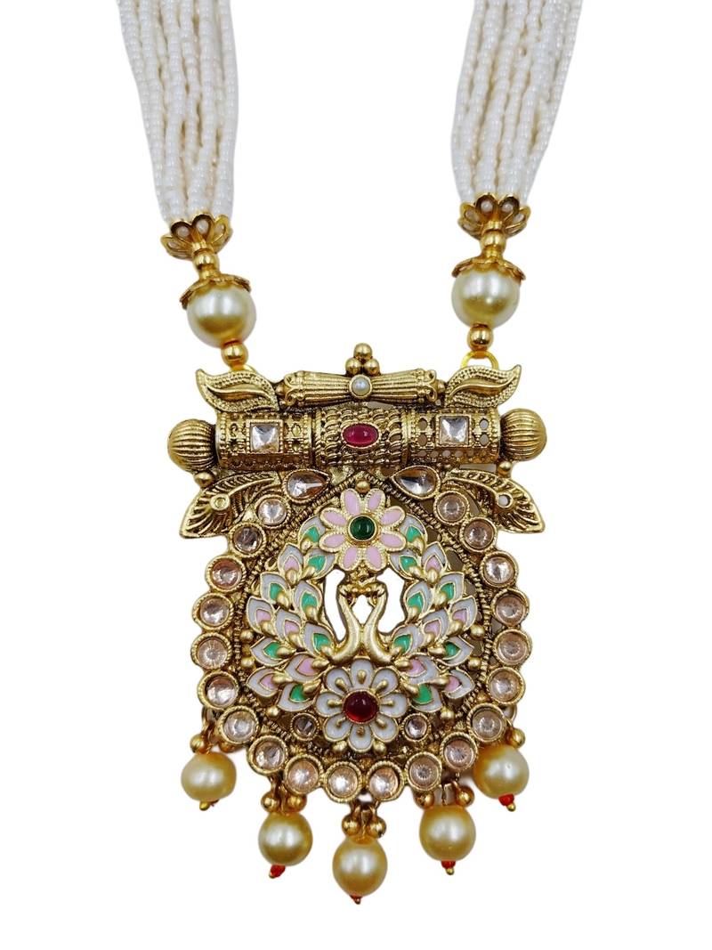 Ethnic gold-plated kundan & pearls meenakari long necklace set with earrings for women
