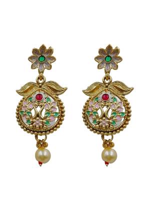 Ethnic gold-plated kundan & pearls meenakari long necklace set with earrings for women 4